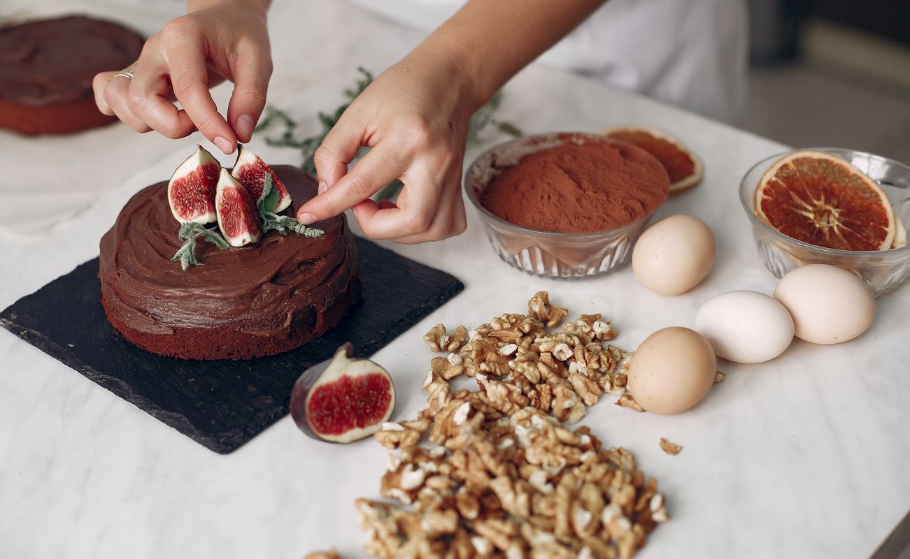 Chef White Clothes Prepares Chocolate Cake Lady Is Preparing Dessert Woman Bakes Cake