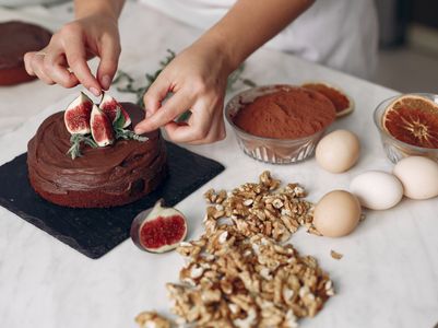 Chef White Clothes Prepares Chocolate Cake Lady Is Preparing Dessert Woman Bakes Cake